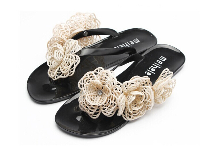 Summer Women Sandals with Beautiful Camellia Flower Sweet Flip Flops Black 9